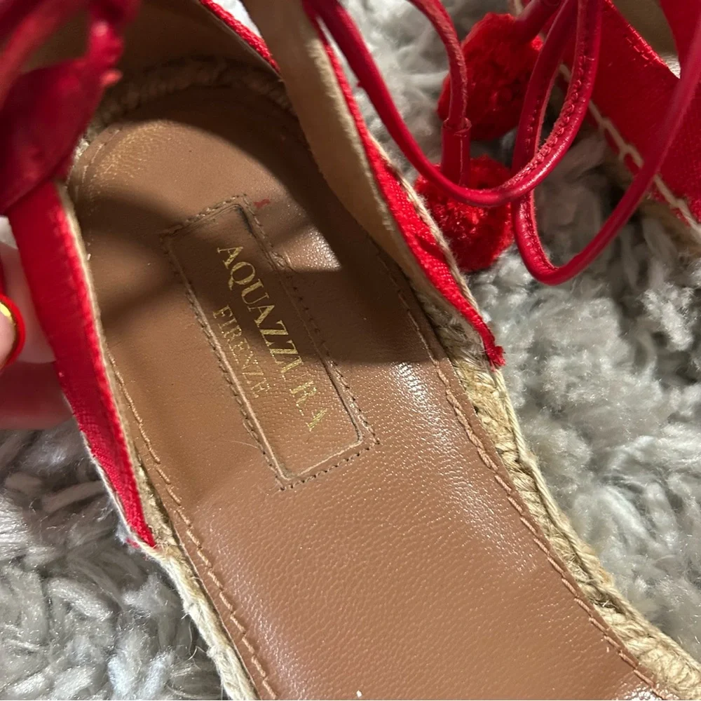 Aquazzura Palm Beach Pom Pom‎ Espadrille Flats in Red sz 39.5